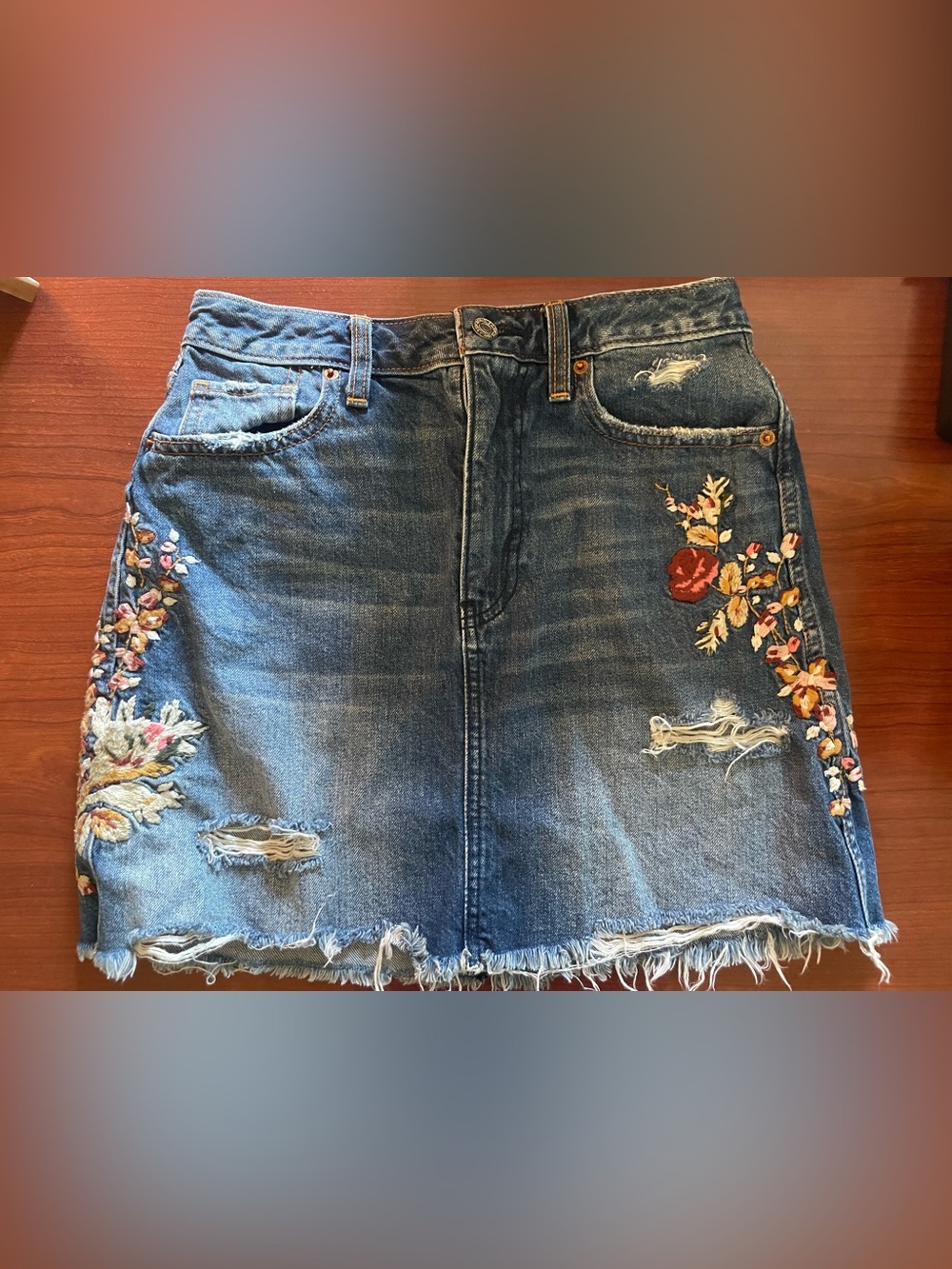 Distressed Denim Skirt with Floral Embroidery